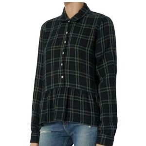 TROVATA Birds of Paradis Flannel Peplum Hem L/S Plaid Button Down Shirt Medium